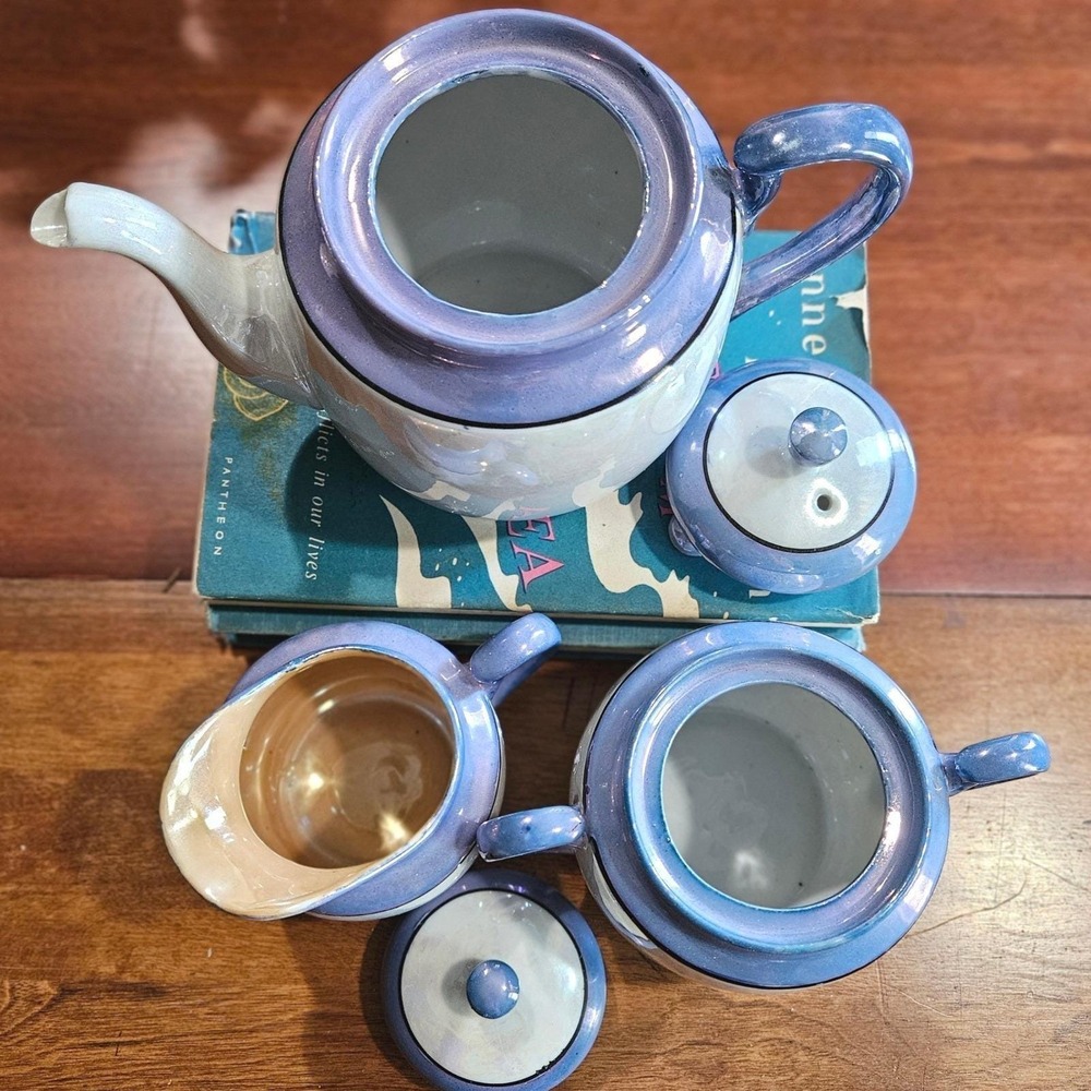 Japanese Blue Lusterware Tea Set Teapot Sugar Creamer 3 Pc Iridescent Vtg - Picture 2 of 9